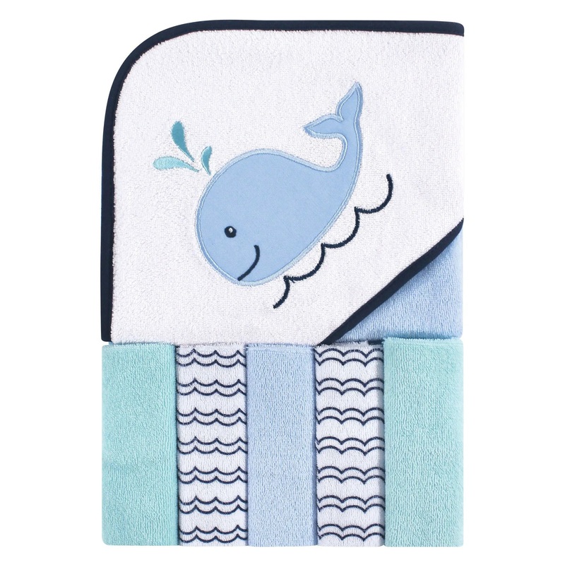 Baby Boy Hooded Towel Set with Five Washcloths – Whale Design