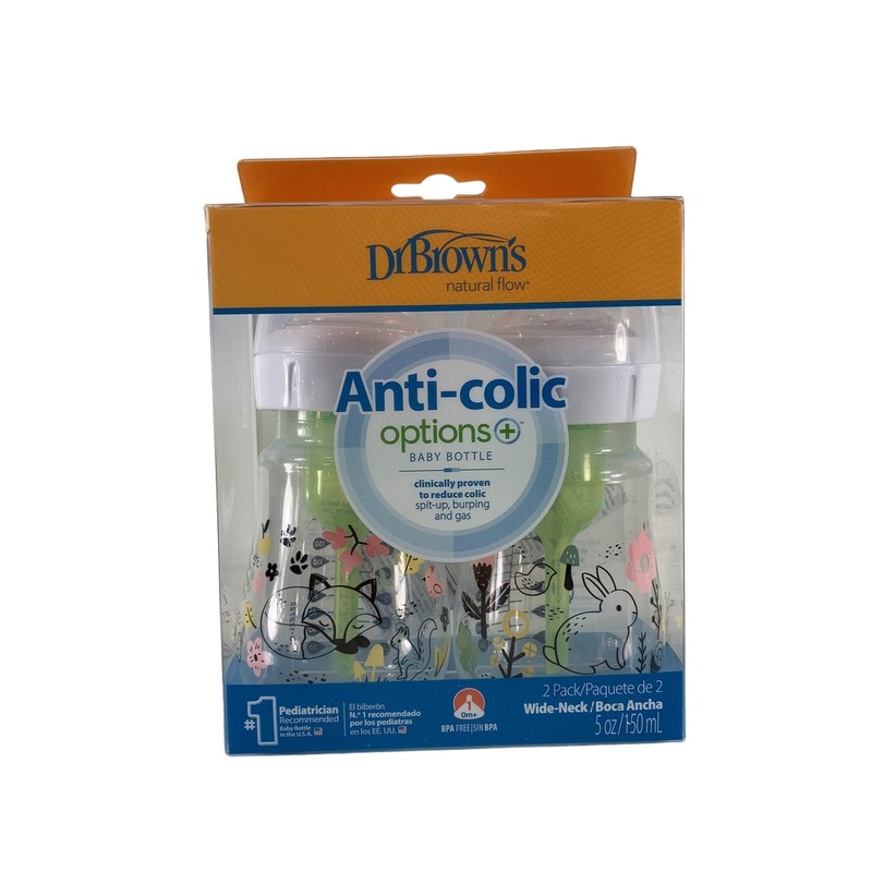 Dr. Brown’s Options+ Anti Colic Wide Neck Bottles 2-Pack, Woodland, 5 oz/150 ml