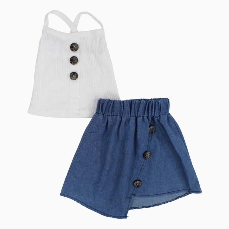 Girls 2-Piece Outfit Set  Off-White Strap Top & Denim Skirt