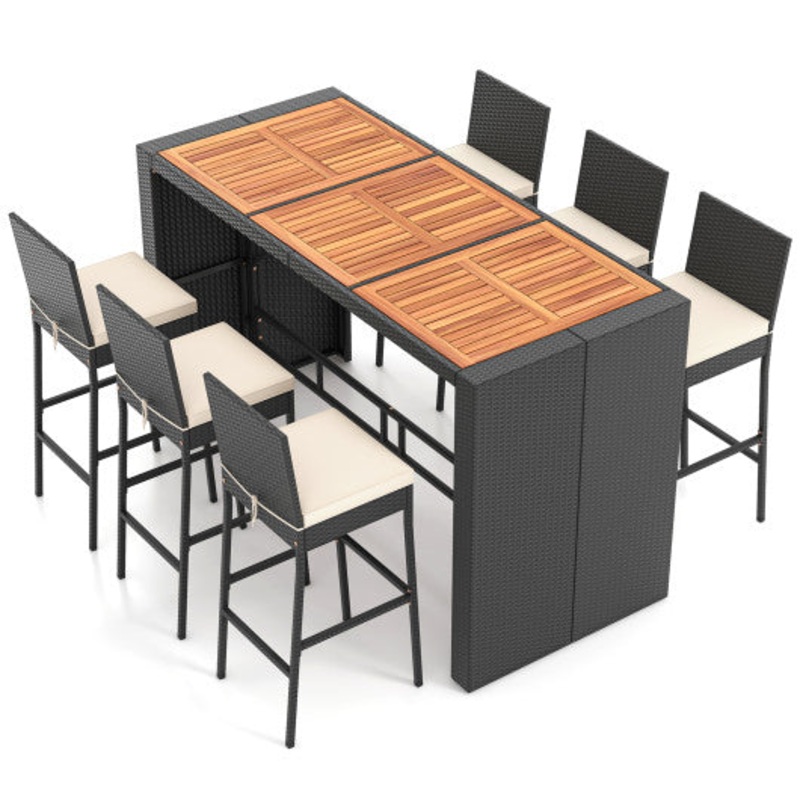 7 Pieces Patio Rattan Bar Set With Seat Cushions for Porch Yard Garden