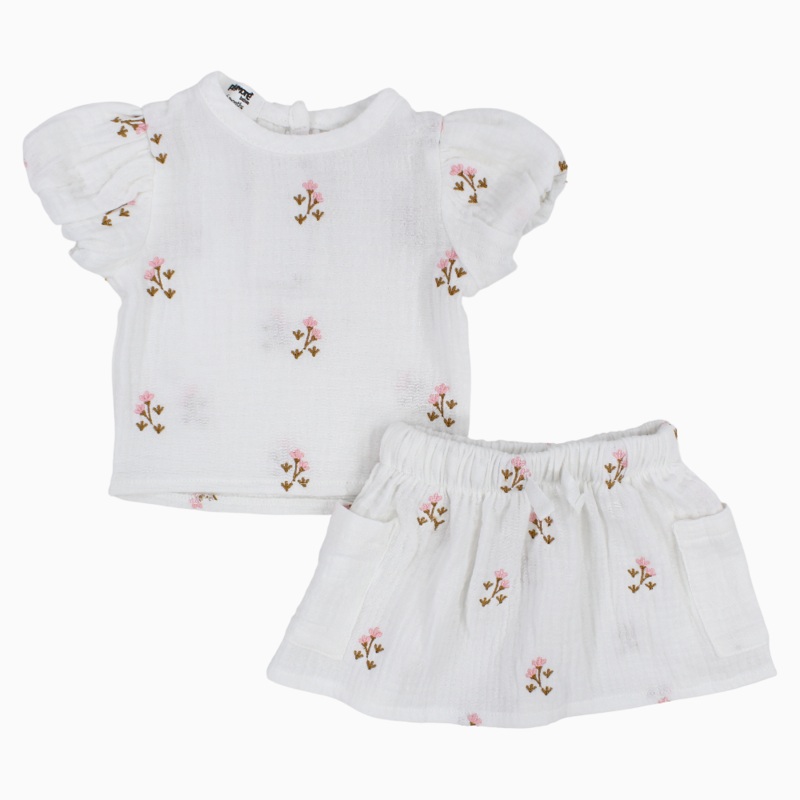 Baby Girls Cotton Outfit Set  Offwhite Embroidery Flowers Short Sleeves