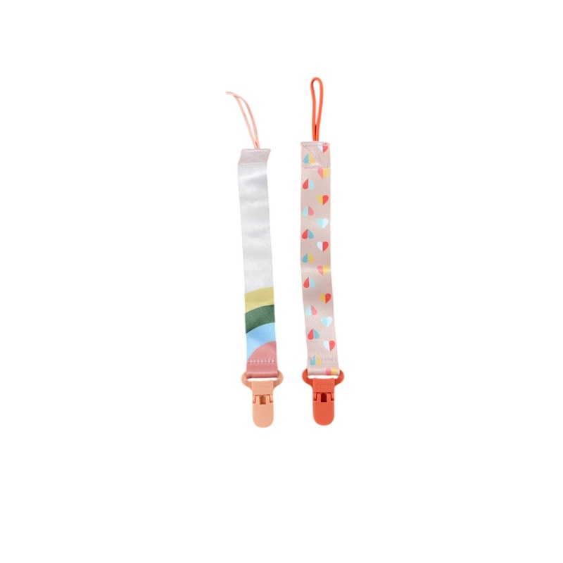 Nuby Pacifier Clips, 2 Pack, Peach Stripes and Hearts