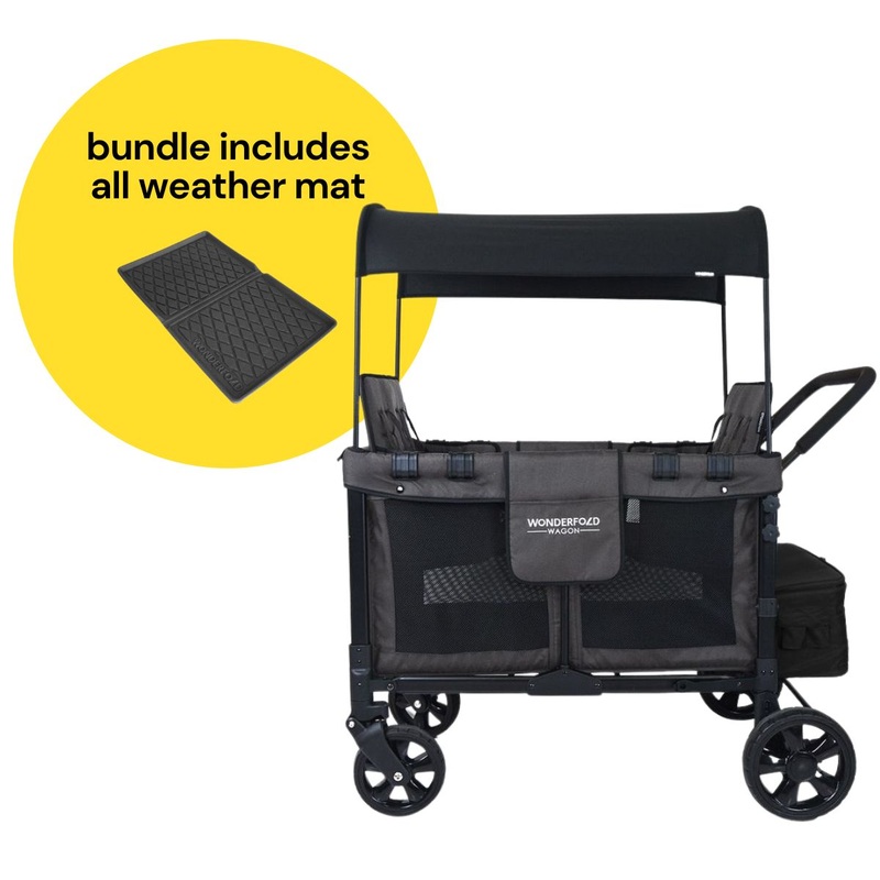 WonderFold W4 Original Quad (4 Seater) Stroller Wagon + All Weather Mat Bundle – Black