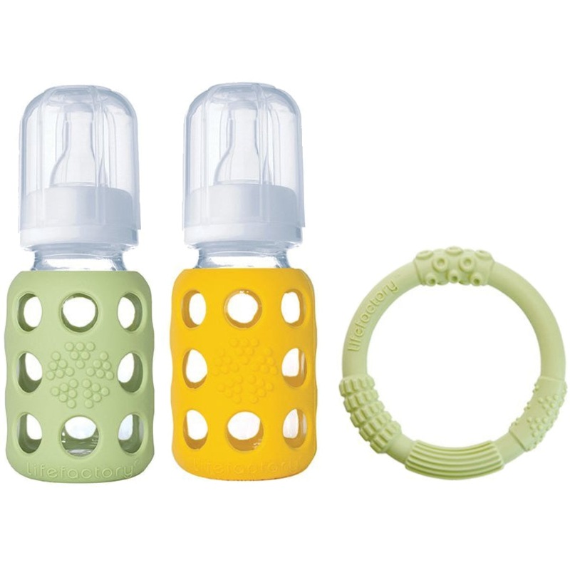 Lifefactory Glass Baby Bottle Gift Set, 4 oz – Spring Green/Yellow