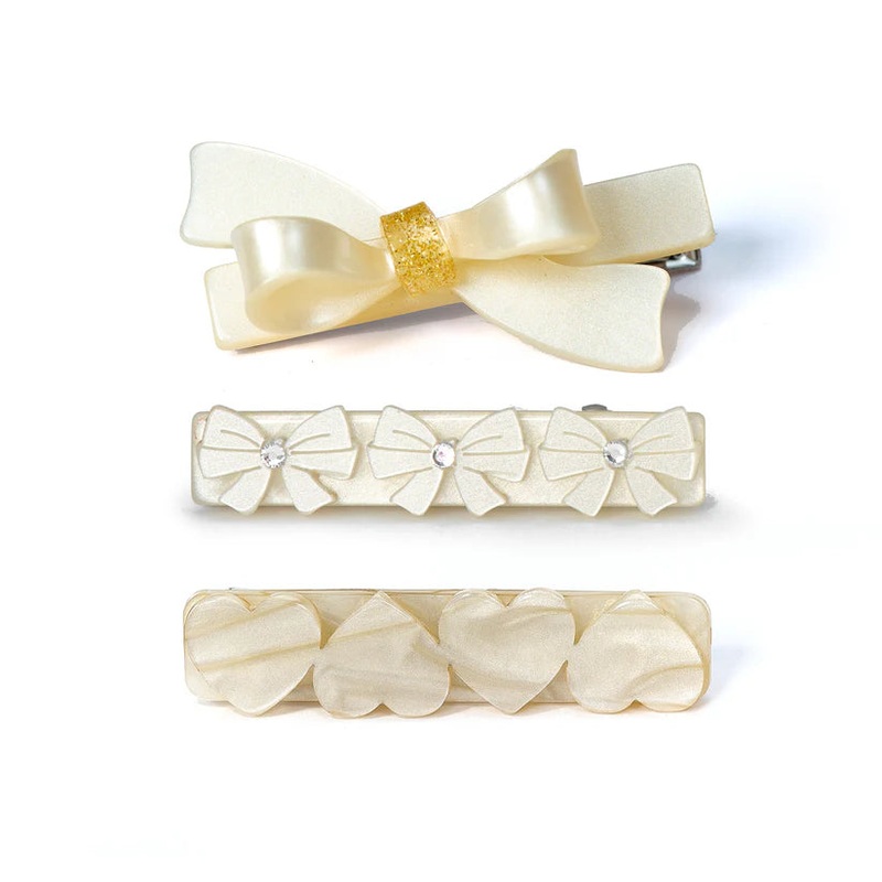 Lilies & Roses Bows and Hearts Pearl White Hair Clips
