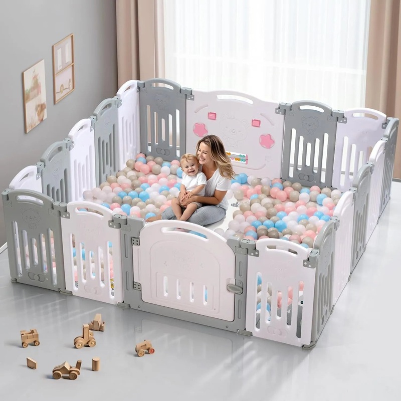 Spacious 18-Panel Playpen for Babies and Toddlers – Grey & White (See description)