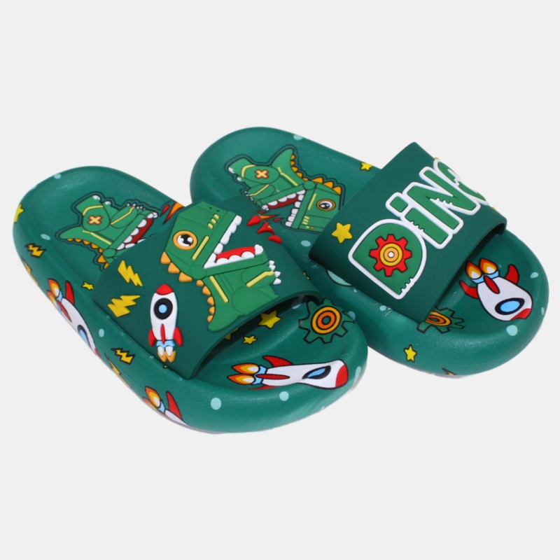 Boys Rubber Slides  Green with Dinosaur Design