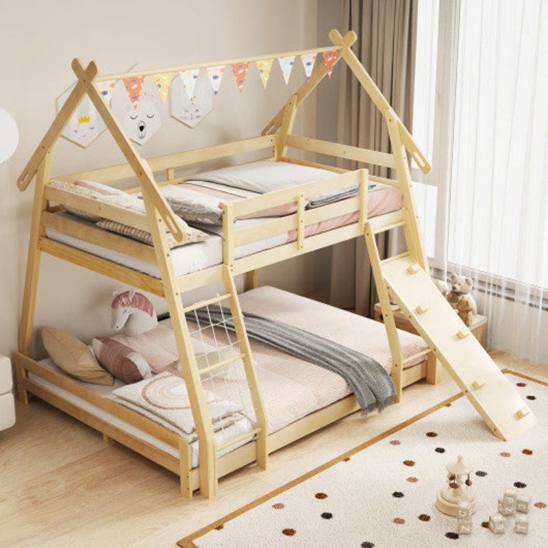 Twin Over Queen Bunk Bed Wooden Kids Bed With Climbing Nets and Ramp-Natural