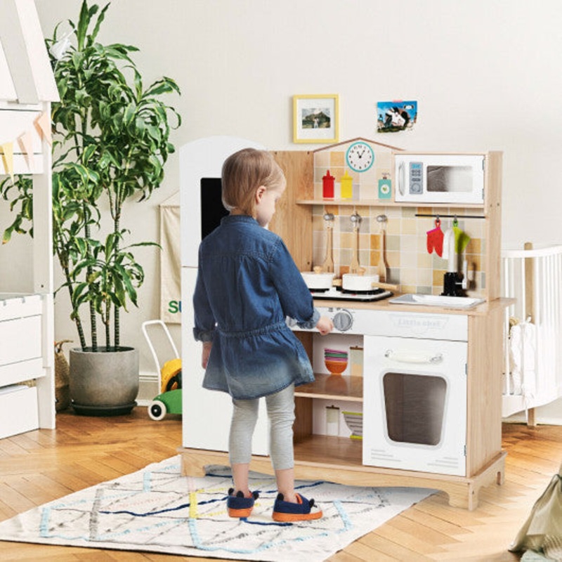 Wooden Kids Pretend Kitchen Playset Cooking Play Toy With Utensils and Sound