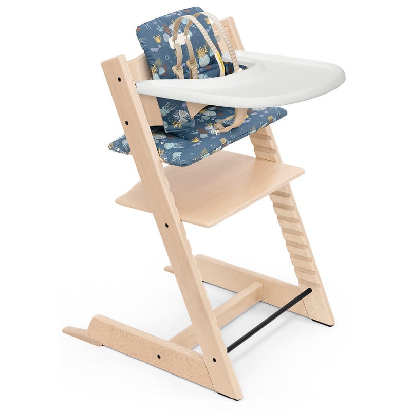 Tripp Trapp High Chair and Cushion with Stokke Tray – Natural / Into the Deep