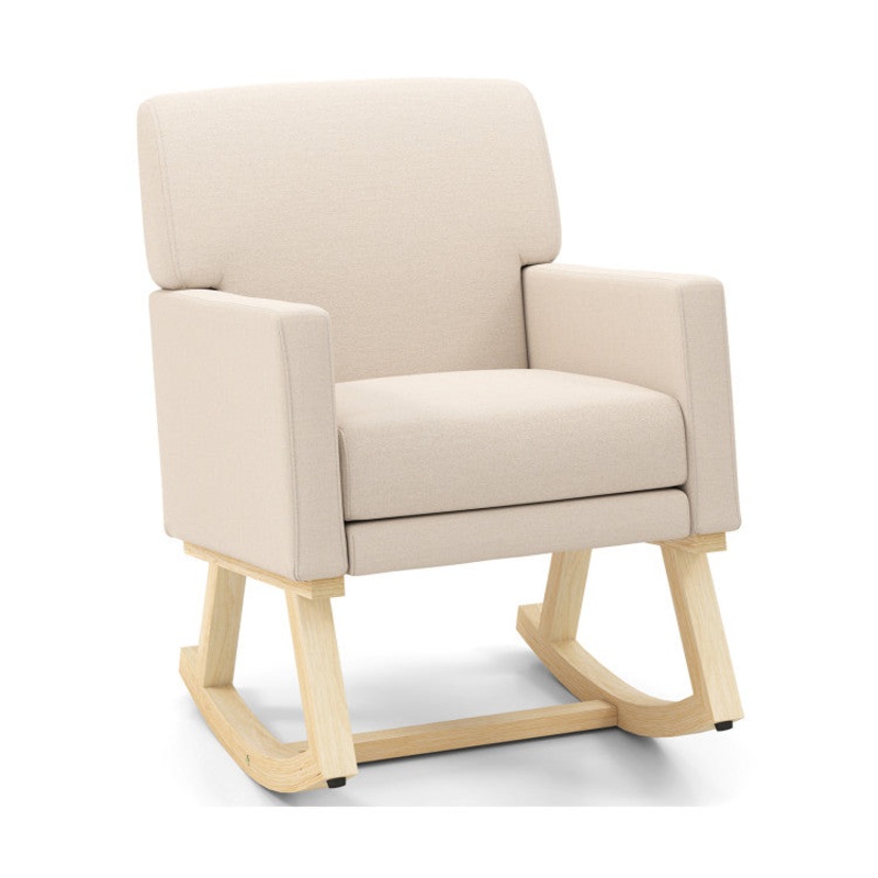 Upholstered Rocking Chair With and Solid Wood Base-Beige