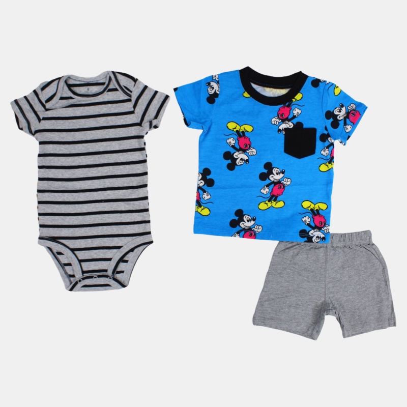 Baby Boys Blue & Grey Short-Sleeved 3-Piece Cotton Outfit Set  Mickey Mouse Design