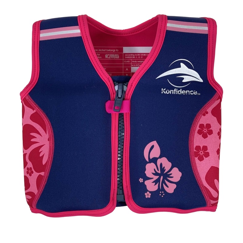 Konfidence Original Swim Jacket, Small( 1.5-3 years), Pink Hibiscus Oahu