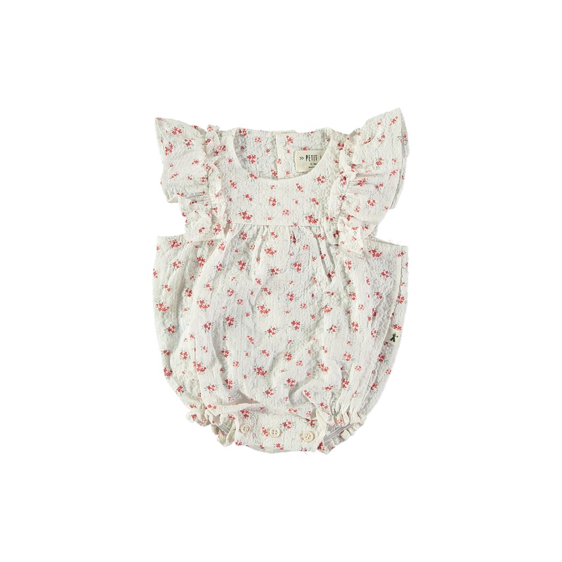 Petit Indi (Made in Spain) – Ruffle Sleeve Romper – Tiny Red Flowers