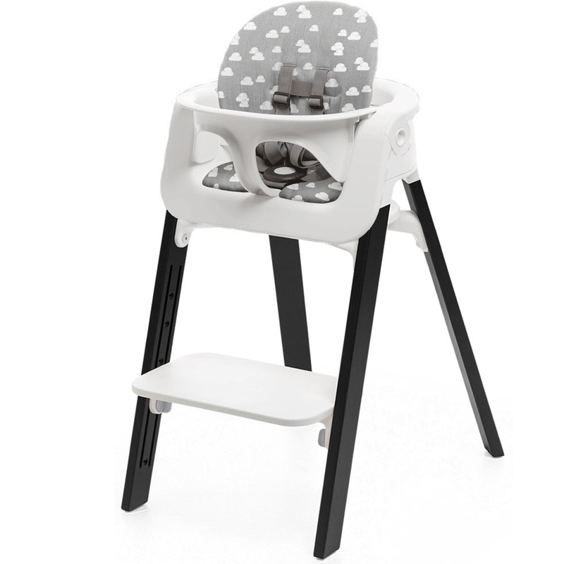 Stokke Steps Chair + Cushion (No Tray) – White/Oak Black/Grey Clouds