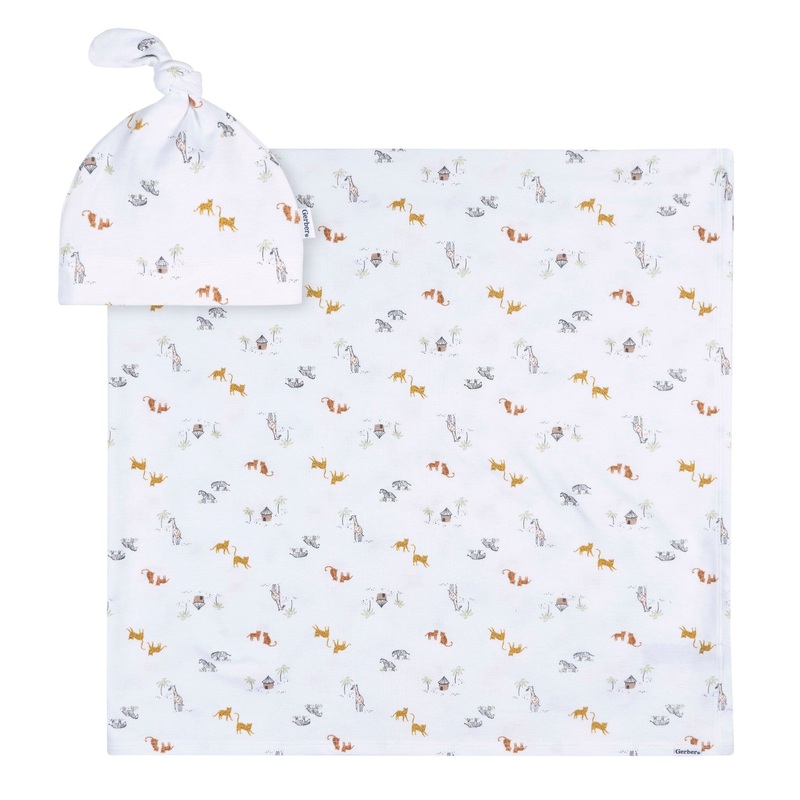 2-Piece Baby Neutral Safari Swaddle and Cap Set