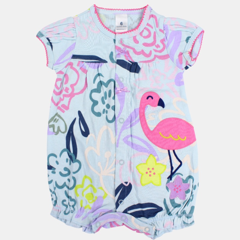 Baby Girls Cotton Romper  Light Blue with Flamingo Design