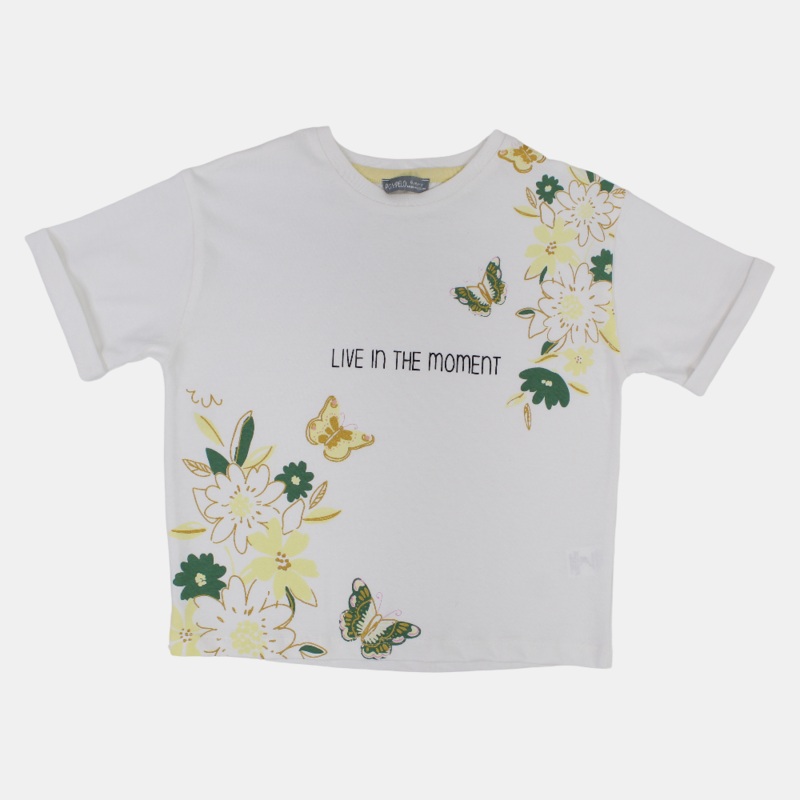 Girls Cotton T-Shirt – Off-White with Flowers Design