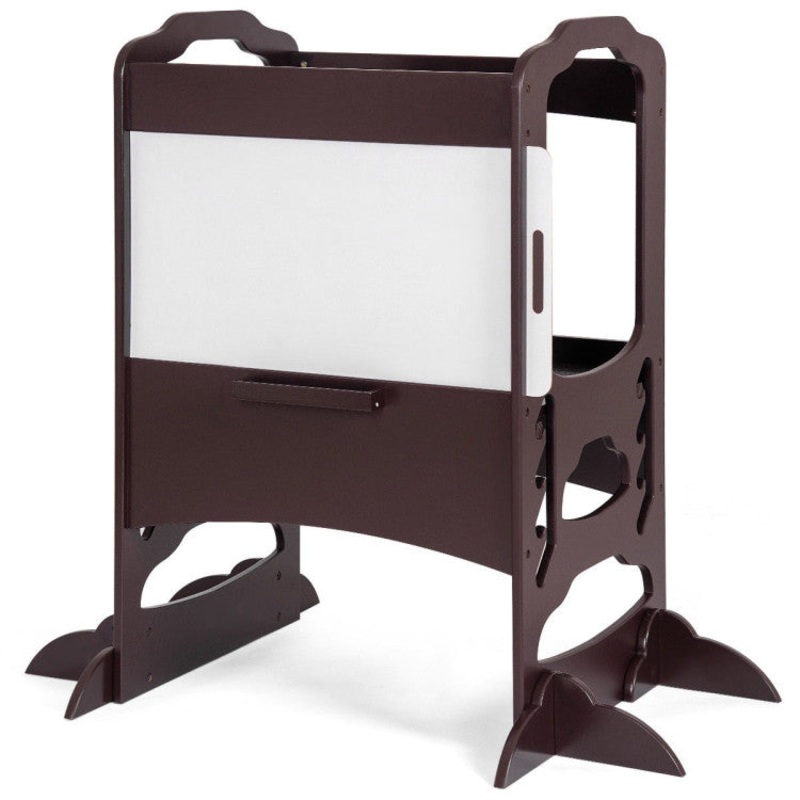 Kids Height Adjustable Kitchen Step Stool Toddlers Kitchen Helper W/ Chalkboard-Coffee