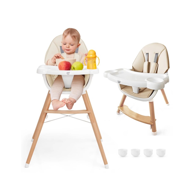 Baby High Chair Wooden Feeding Chair w/ 4-Gear Tray & Removable Cushion Beige
