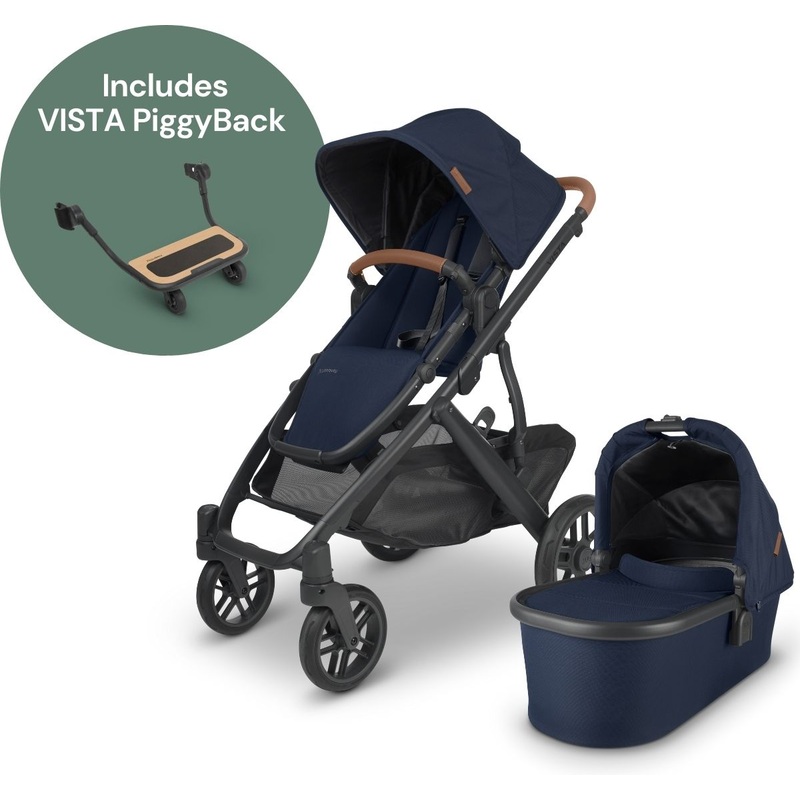 UPPAbaby Vista V2 Single-to-Double Stroller + PiggyBack Ride-Along Bundle – Noa (Navy/Carbon/Saddle Leather)
