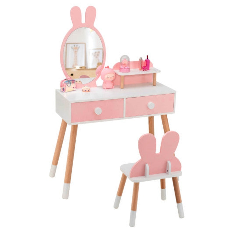 Kids Vanity Table and Chair Set With Drawer Shelf and Rabbit Mirror-Pink