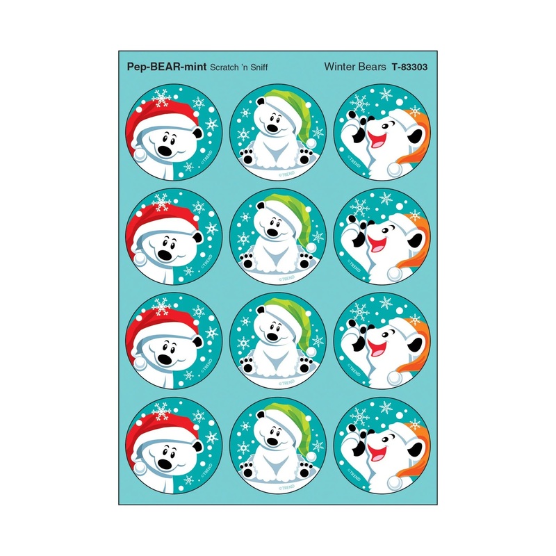 Winter Bears, Pep-BEAR-mint scent Scratch ‘n Sniff Stinky Stickers  Large Round