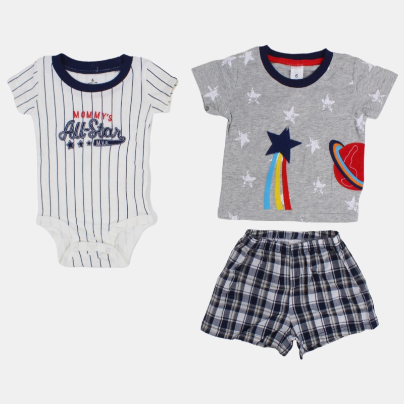 Baby Boys Cotton 3-Piece Outfit Set  Grey with Stars Design