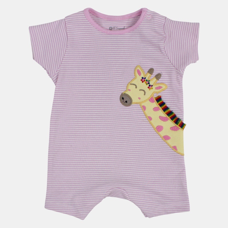 Baby Girls Cotton Romper  Pink Striped with Giraffe Design