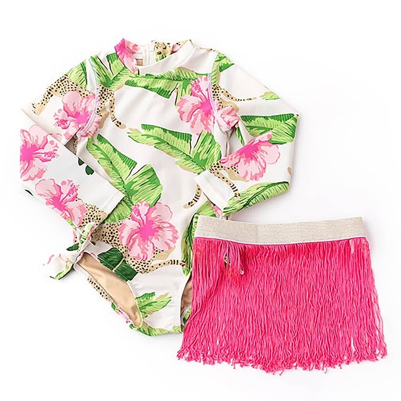 Long Sleeve and Fringe Skirt Swimsuit Set Botanical Leopard 6T