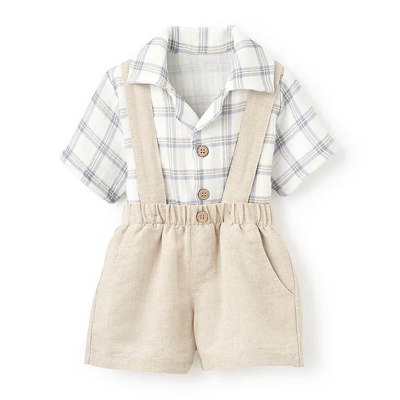 Plaid Shirt & Suspender Short Set