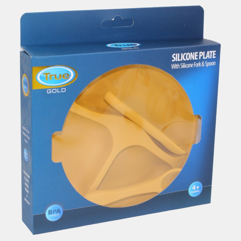 True Gold Silicone Feeding Set  Plate, Fork & Spoon  Yellow