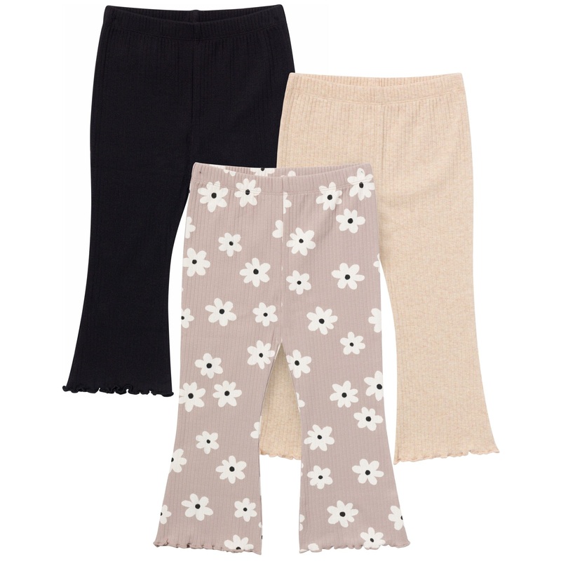 3-Pack Infant & Toddler Girls Brown Flowers, Oatmeal and Black Textured Flare Leggings