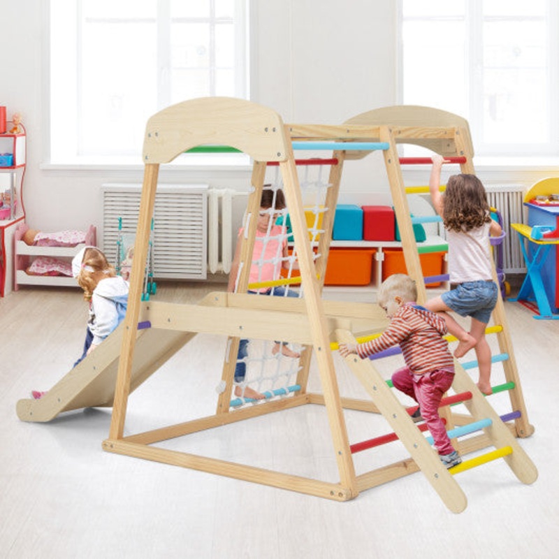 6-in-1 Indoor Jungle Gym Kids Wooden Playground With Monkey Bars-Multicolor