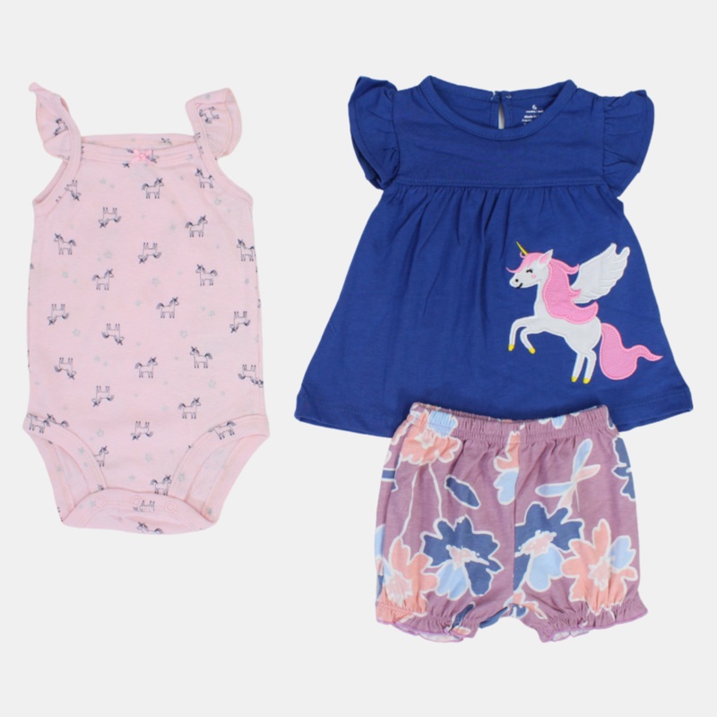 Baby Girls Cotton 3-Piece Outfit Set  Indigo with Flying Unicorn Design