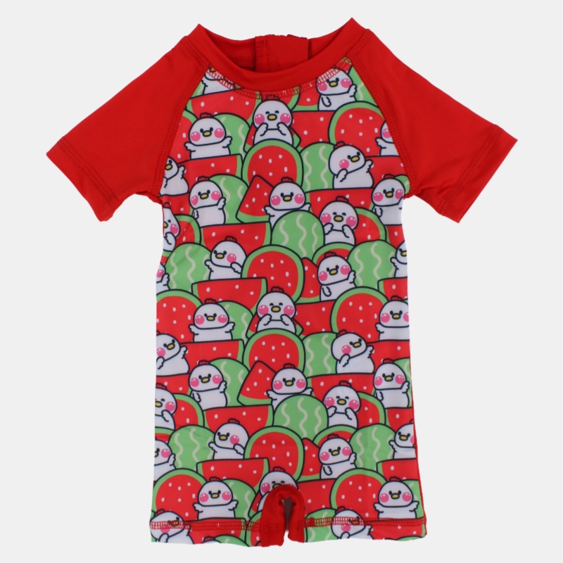 Baby Girls Swimsuit Overall, Polyester  Red with Chick and Watermelon Design