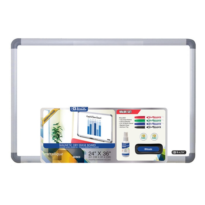 BAZIC 24″ x 36″ Aluminum Frame Magnetic Dry Erase Board Value Pack