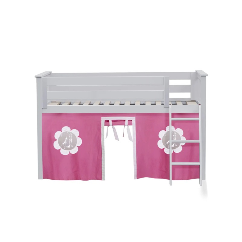 York 1 – Low Loft Bed w/ Angle Ladder & Curtain in Pink & White