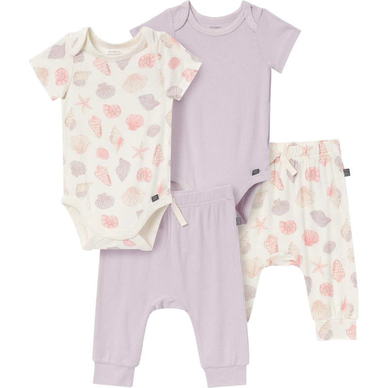 4-Piece Baby Girls Ivory Seashells Bodysuits and Pants Viscose Set