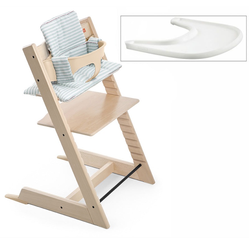 Tripp Trapp High Chair and Cushion with Stokke Tray — Natural/Aqua Stripe