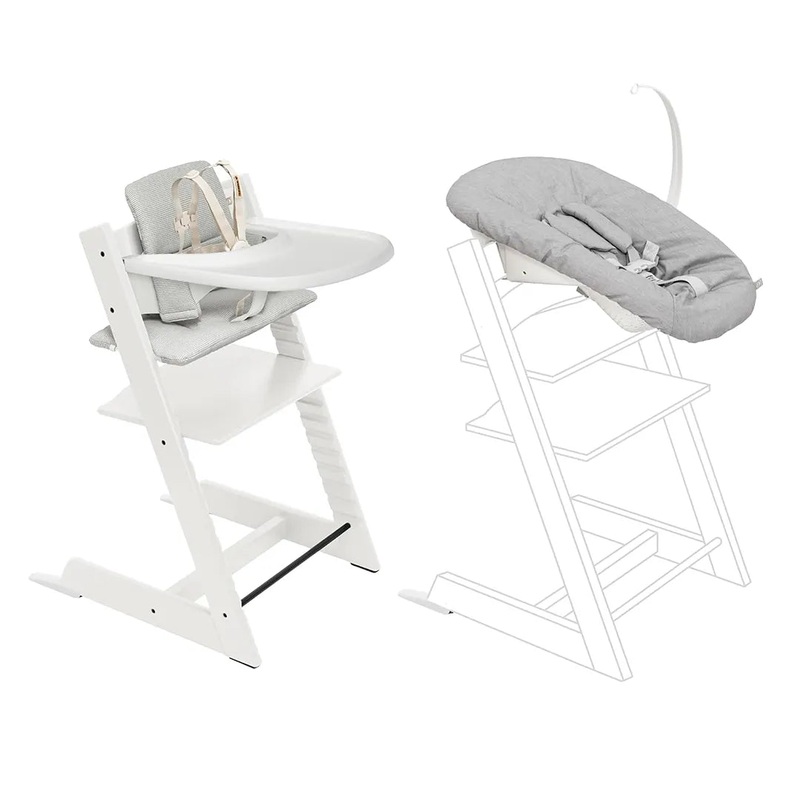 Tripp Trapp High Chair – Nordic Grey Cushion, Newborn Set & Tray – White