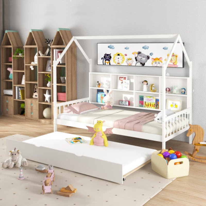 Twin Size Kids Montessori Daybed With Roof and Shelf Compartments-White