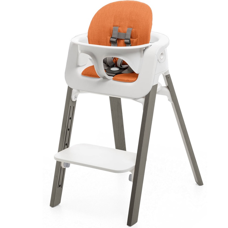 Stokke Steps Chair + Cushion (No Tray) – White/Hazy Grey/Orange