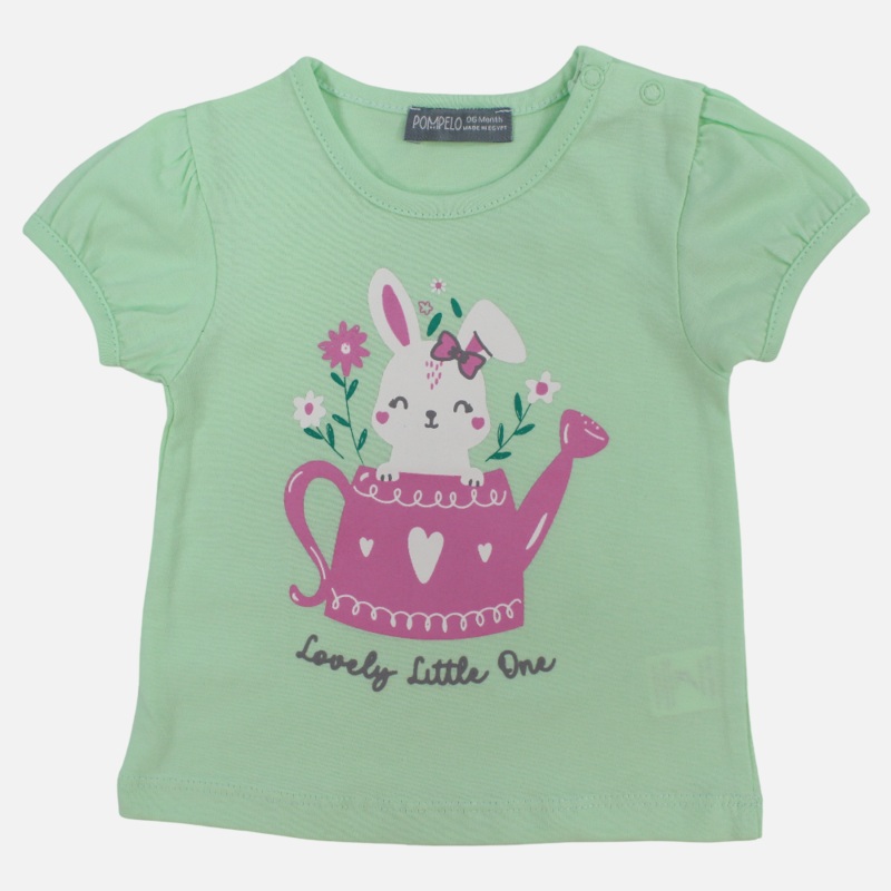 Baby Girls Cotton T-Shirt – Light Green with Bunny in a Pot Design