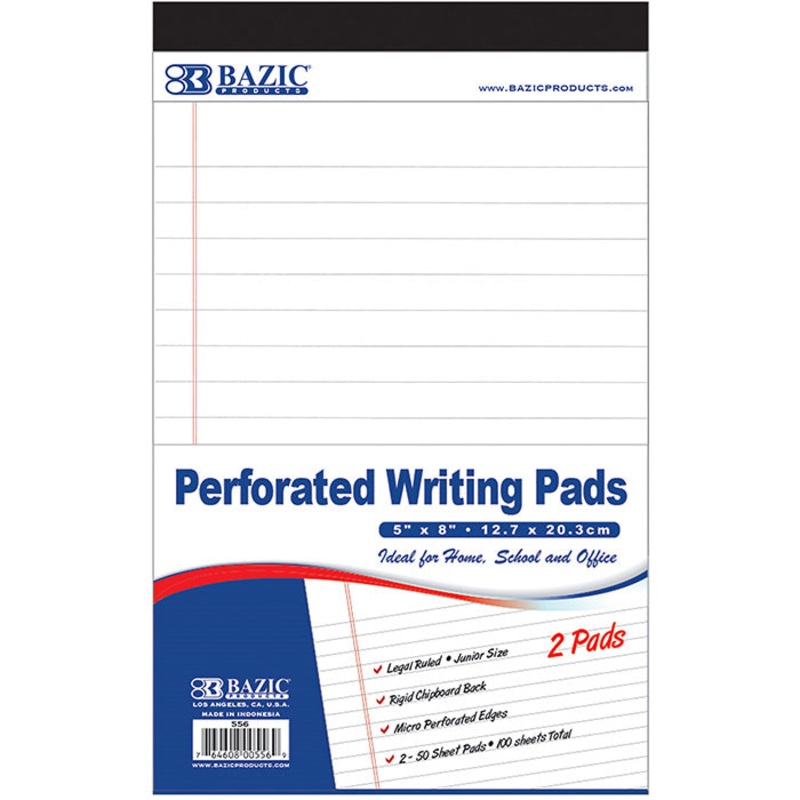 BAZIC 50 Ct. 5″ X 8″ White Jr. Perforated Writing Pads (2/Pack)