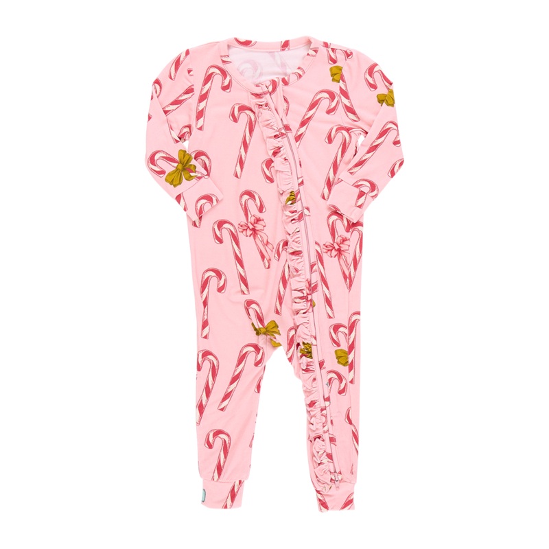 Baby Girls Bamboo Ruffle Romper – Pink Candy Cane Lane