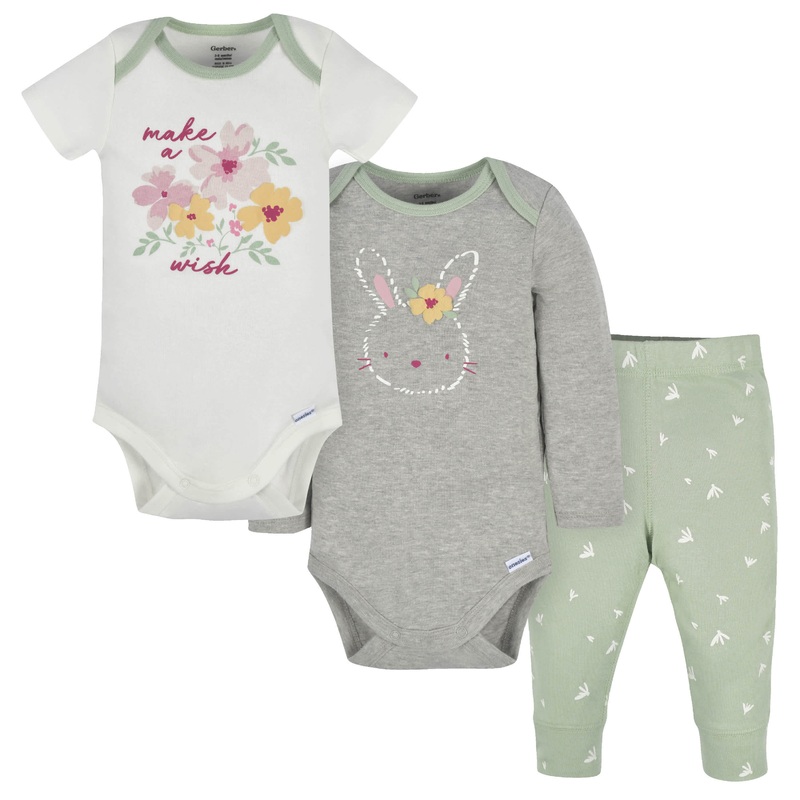 3-Piece Baby Girls Bunny Onesies Bodysuits and Pants Set