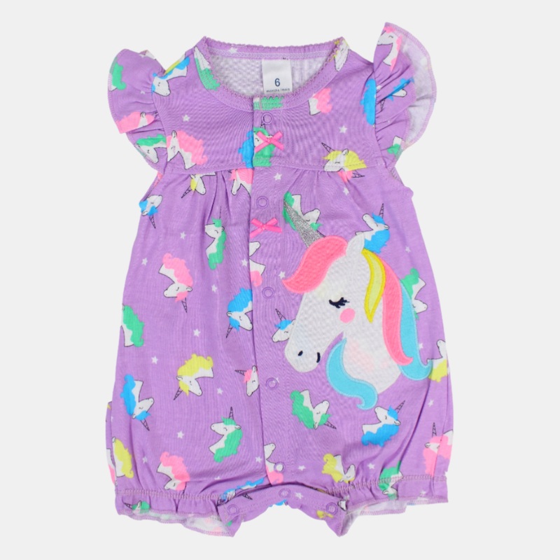 Baby Girls Cotton Romper  Purple with Unicorns Print