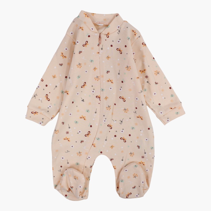 Baby Girls Cotton Baby Footie – Salmon with Butterflies Print