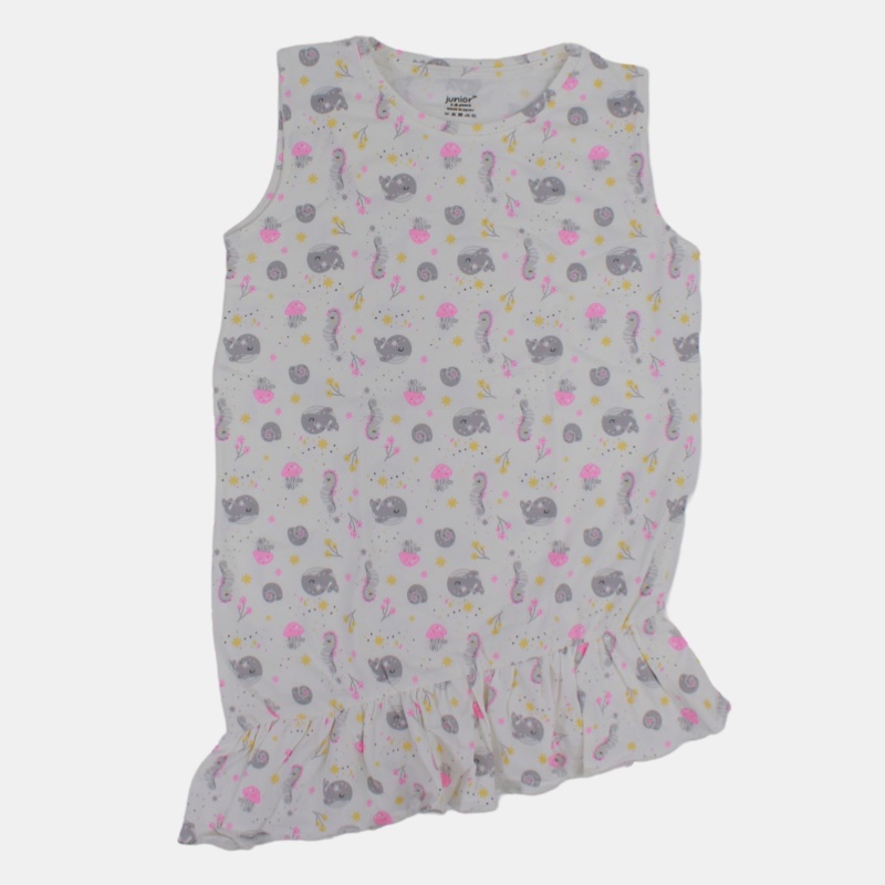 Girls Sleeveless Cotton Nightgown  Off-White (Under the Sea Theme)